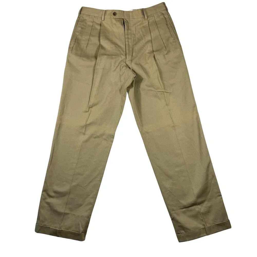 Jos. A. Bank Mens 36x32‎ Khaki Pleated Chino Pants Tan Cotton Cuffed Trousers